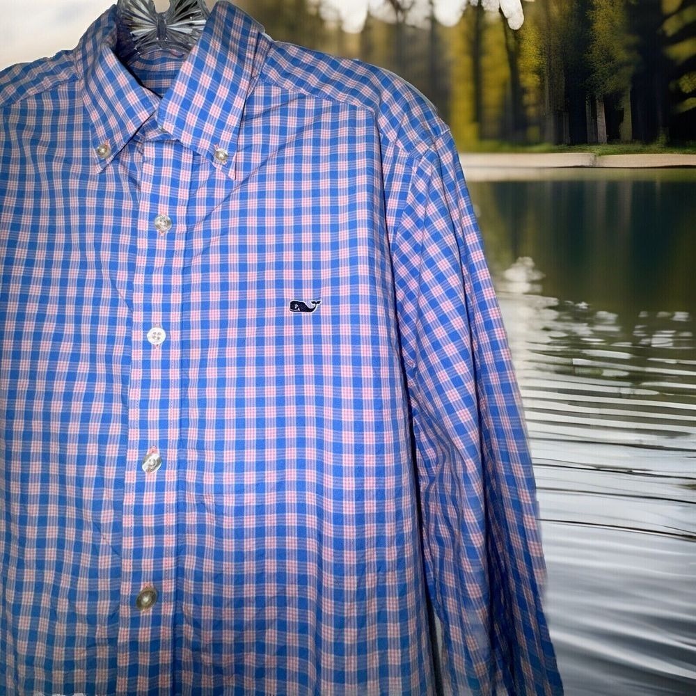 Vineyard Vines Men's Small Whale Shirt Blue Red White Check Long‎ Sleeve